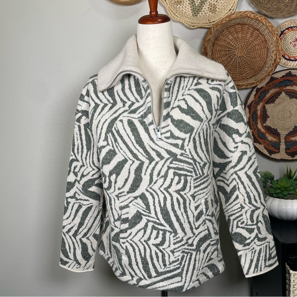 Nicole Miller Zebra Print Quarter Zip Sweater Wool Blend Ski Pullover Size Small